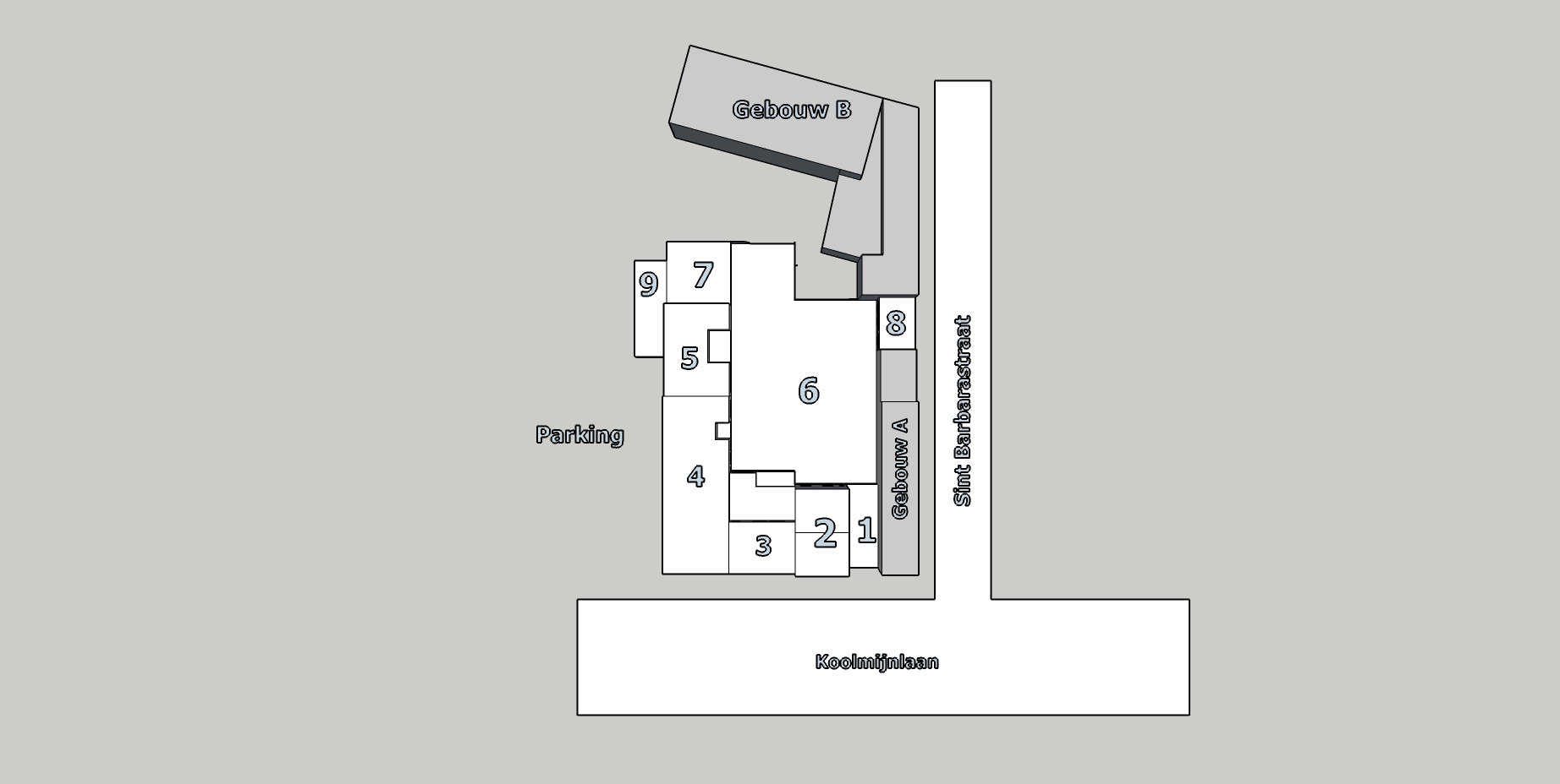 Afb. 1. De plaats van interventie. Het winkelcomplex en omgeving. (Ontleend aan Coenen, Wat heb ik fout gedaan?, p. 31).
